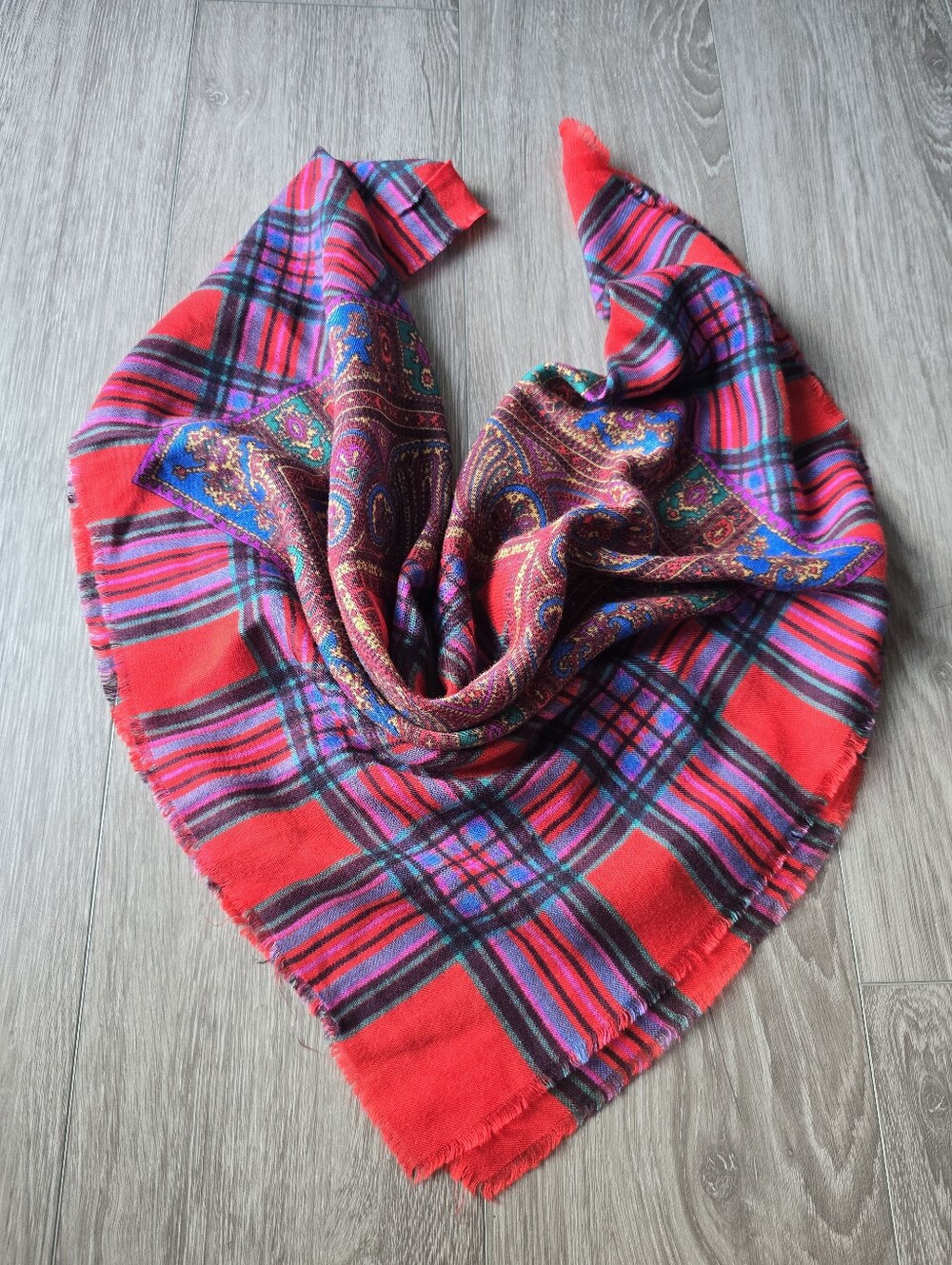 Vintage Square Scarf Red Tartan Plaid Paisley Boho Wool Feel Head Wrap 32x32